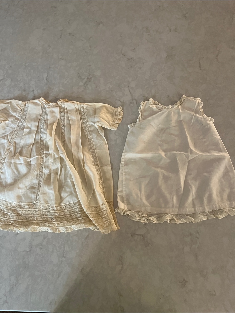 2 antique baby dresses linen and lace handmade heirloom